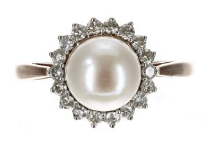 Attractive modern 9ct rose gold cultured pearl and diamond ring, the pearl 8mm, set in a border of