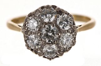 Attractive period 18ct and platinum diamond cluster ring, with seven round-cut diamonds, estimated
