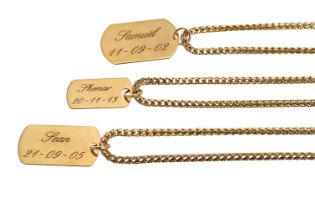 Three curb link chains with personalised dog tags, 9ct, 89.3gm (524)