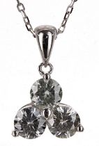 Modern 14ct white gold diamond trilogy pendant on necklace, round brilliant-cuts, 0.90-1.00ct