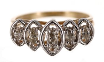 Yellow gold marquise shaped five stone diamond ring, marked '10K', width 8mm, 2.2gm, ring size J (