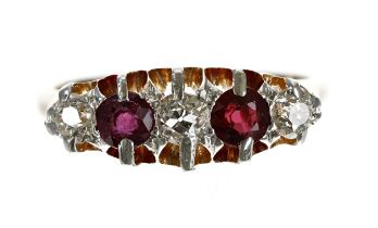 Attractive 18ct yellow gold claw-set ruby and old-cut diamond claw-set five stone ring, the rubies