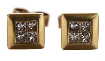 Pair of 18ct yellow gold princess-cut square cluster diamond stud earrings, each with four diamonds,