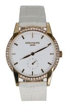 Patek Philippe Calatrava 18ct rose gold lady's wristwatch, reference no. 7122, white dial, diamond