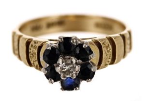 18ct yellow gold sapphire and diamond cluster ring, 8mm, 4.4gm, ring size L/M  (608)
