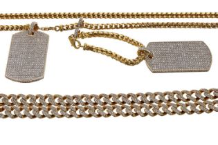 Diamond set curb link chain and necklace, two gem set dog tags, stamped 375, 252gm (520)