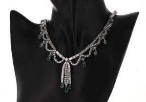 Fine and impressive white gold emerald and diamond fringe necklace, pear shaped and marquise