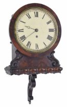 Good mahogany single fusee 8" wall dial clock, within a flat surround over an integral wall