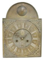 Interesting early eight day longcase clock movement, the later 12.25" brass arched dial signed