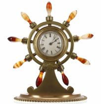 Novelty brass and copper ship's wheel mantel clock timepiece, the 2.25" silvered dial within a brass