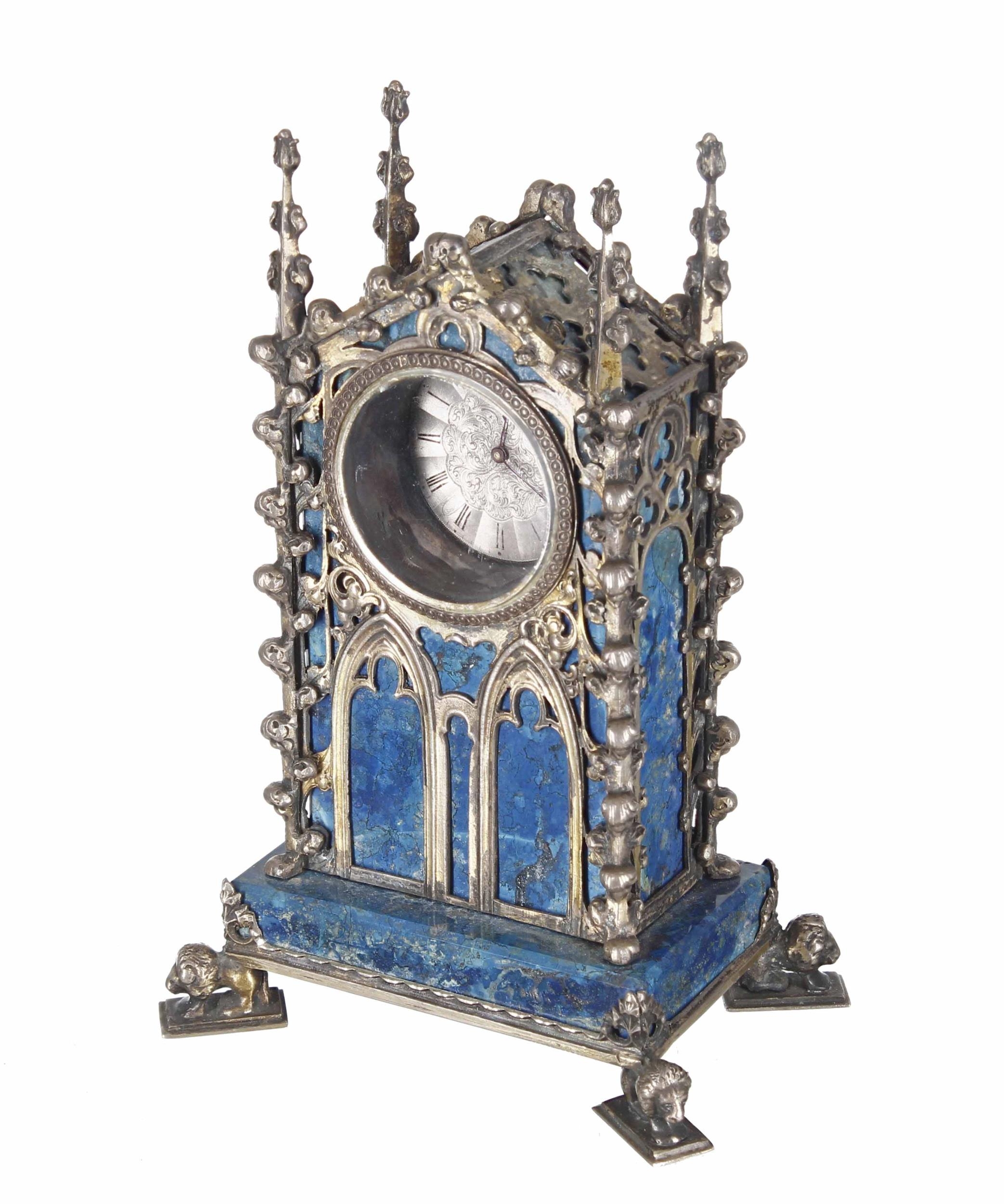 Attractive miniature silvered lapis lazuli gothic mantel clock timepiece with later movement, within - Image 2 of 4