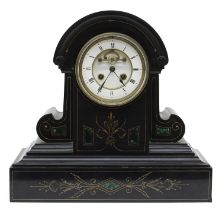 Good French black slate and malachite inset two train mantel clock striking on a bell (missing), the