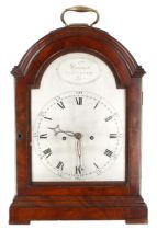 Good English mahogany double fusee bracket clock, the 8" silvered arched dial and engraved