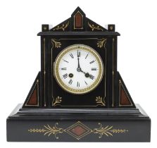 French black slate and red marble two train mantel clock, the movement with outside countwheel