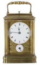 Good repeater carriage clock with alarm striking on a bell, the movement back plate signed Parkinson
