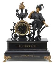 French black slate and painted spelter figural two train mantel clock, the Japy Freres movement with