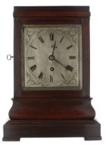 English mahogany single fusee library clock, the silvered dial finely engraved with scrolling