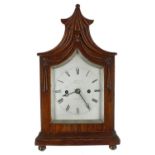 Good small oak double fusee bracket clock, the 3.5" silvered pointed arched dial plate signed