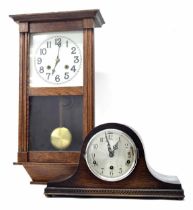 Oak cased three train Napoleon hat mantel clock striking on eight rods, 9" high (pendulum and