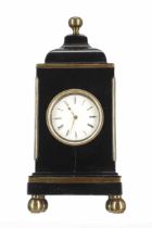 Interesting ebonised and brass bound miniature mantel clock with verge pocket watch movement, within