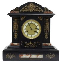 French black slate and coloured marble gilt metal mounted two train mantel clock, the Junghans