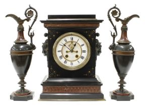 Good French black and red marble two train mantel clock garniture striking on a gong, the 5.5" white