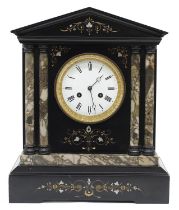 French black slate and grey veined marble two train mantel clock, the S. Marti movement striking