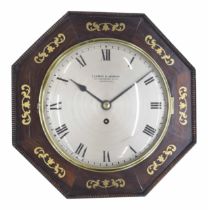 Rosewood single fusee wall dial clock, the 9.25" silvered dial signed Clowes & Jauncey, 62 Beauchamp