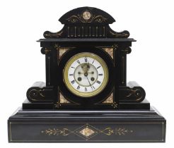 French black slate and pink coloured marble two train mantel clock, the S. Marti movement striking