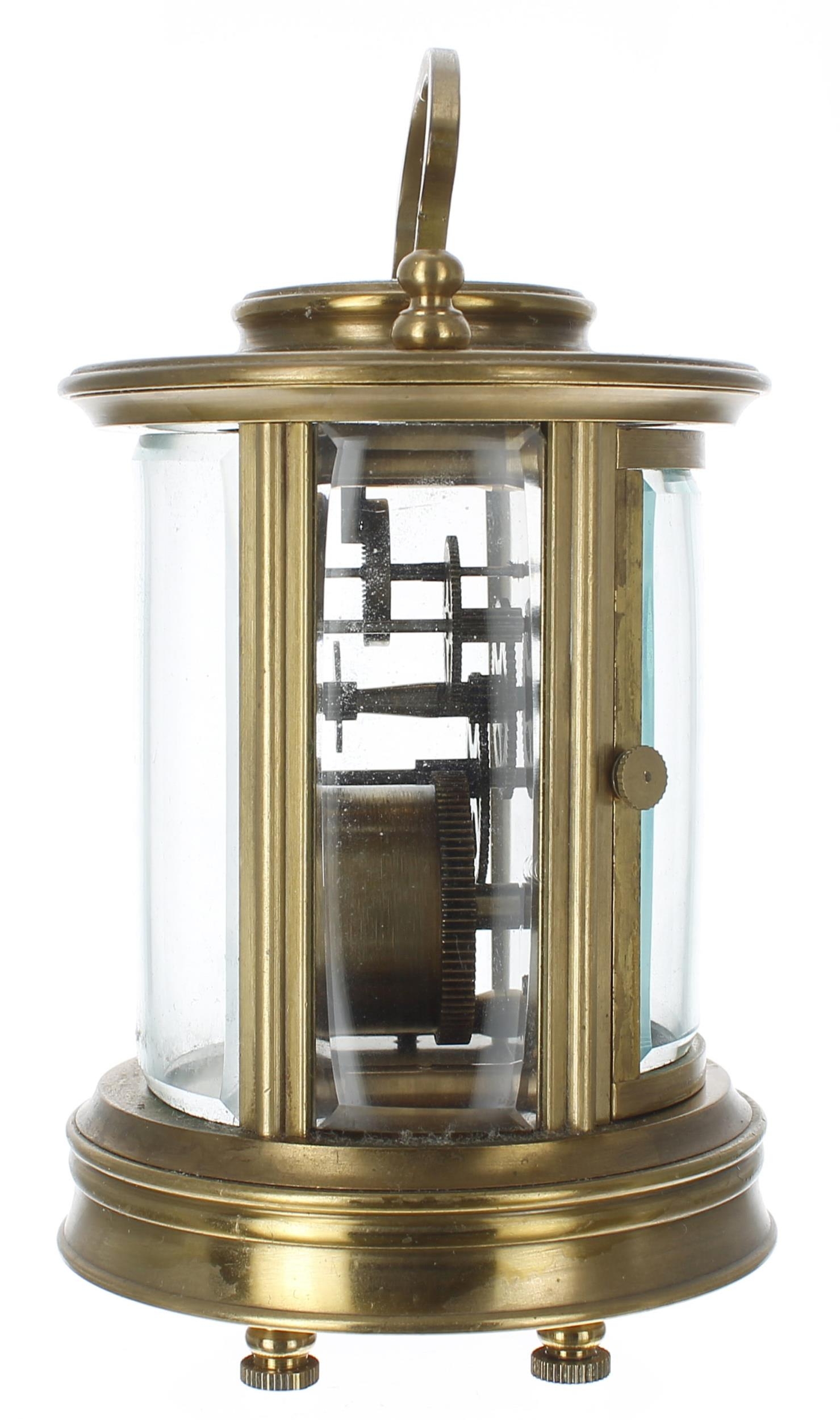 Carriage clock timepiece, within a circular bevelled glazed brass case, 6.75" high - Image 2 of 3