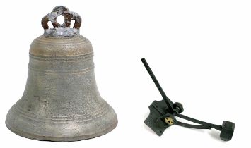Large heavy bronze bell, 17.25" diameter, 20" high; also with an associated cast iron striker (2)