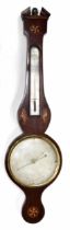 Mahogany inlaid banjo barometer/thermometer, the 8" silvered dial indistinctly signed ...London