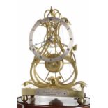 Good English gilded brass single train great wheel skeleton clock with passing strike, signed on a