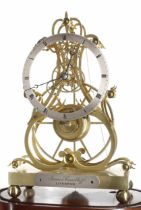Good English gilded brass single train great wheel skeleton clock with passing strike, signed on a