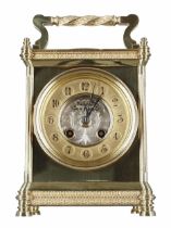 Brass two train mantel clock with barometer, striking on a gong, the 3.75" gilt chapter ring
