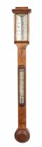 Oak stick barometer/thermometer, the angled bone scale signed J. Davis & Son, London & Derby, over a