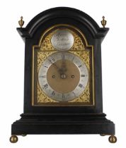 Ebonised double fusee bracket clock, the 7" brass arched dial signed Mark Jacob, London on a