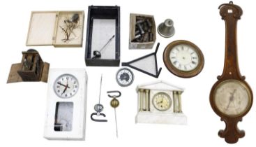 Quantity of various clocks in need of restoration, including French white marble mantel timepiece in