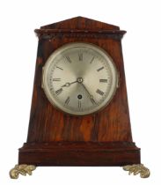 Good rosewood single fusee small mantel clock with locking pendulum, the 4.25" silvered dial