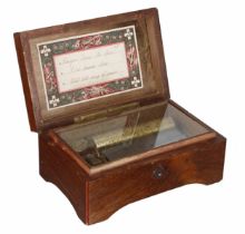Miniature Swiss rosewood musical box, with a 3.5" brass cylinder playing three airs, within a