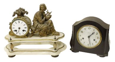 French gilt metal and white marble figural drumhead eight day mantel clock, 10.75" high (no