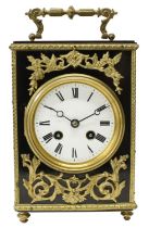 French ebonised two train mantel clock striking on a bell, the 3.5" white dial within a recessed