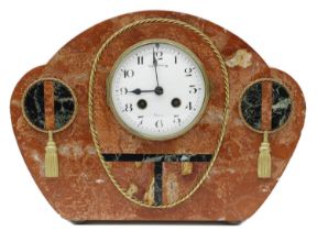 Unusual French Art Deco orange marble two train mantel clock, the 4" white dial signed Vallant,