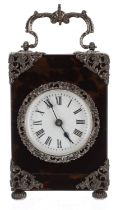 Fine tortoiseshell and silver mounted carriage clock striking on a gong, the 2.25" white dial within
