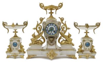 Good French white onyx and gilt metal mounted two train mantel clock garniture, the movement