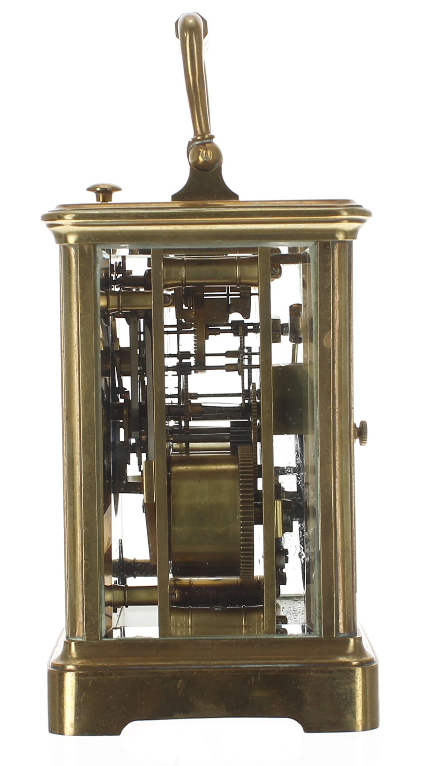 Small French repeater carriage clock striking on a gong, the movement back plate stamped with the - Image 3 of 4