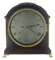 Good and unusual English mahogany triple pad top double fusee bracket clock with calendar, the 9"