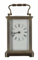 Carriage clock timepiece within a corniche brass case, 6" high (later platform)