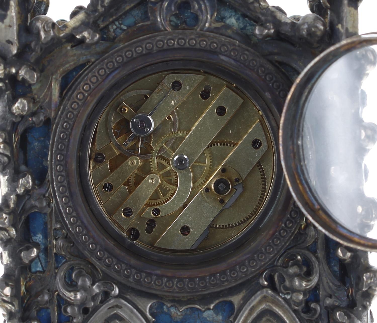 Attractive miniature silvered lapis lazuli gothic mantel clock timepiece with later movement, within - Image 4 of 4