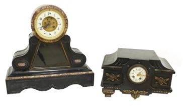 French black slate and red marble two train mantel clock, the Japy Freres movement with outside